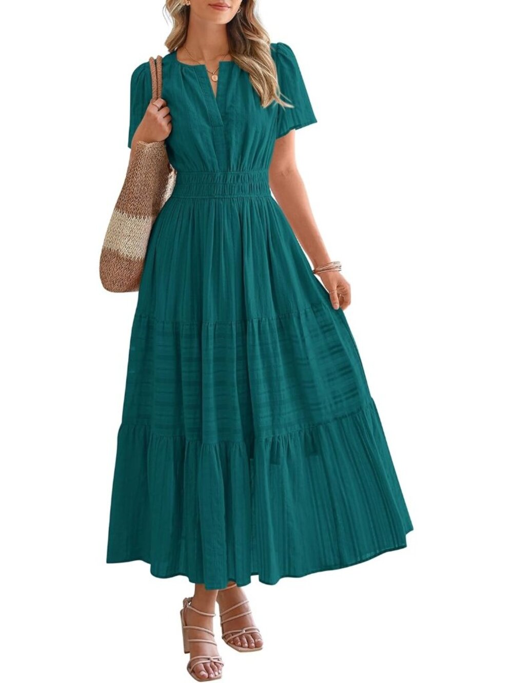 Women Malachite Green 100%Cotton V Neck Elastic Waist Beach Casual MIDI Dresses